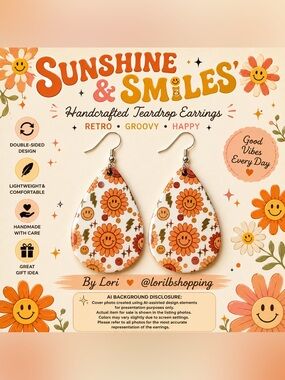 Retro Smiley Daisy Teardrop Earrings | Handmade Groovy Dangle Earrings